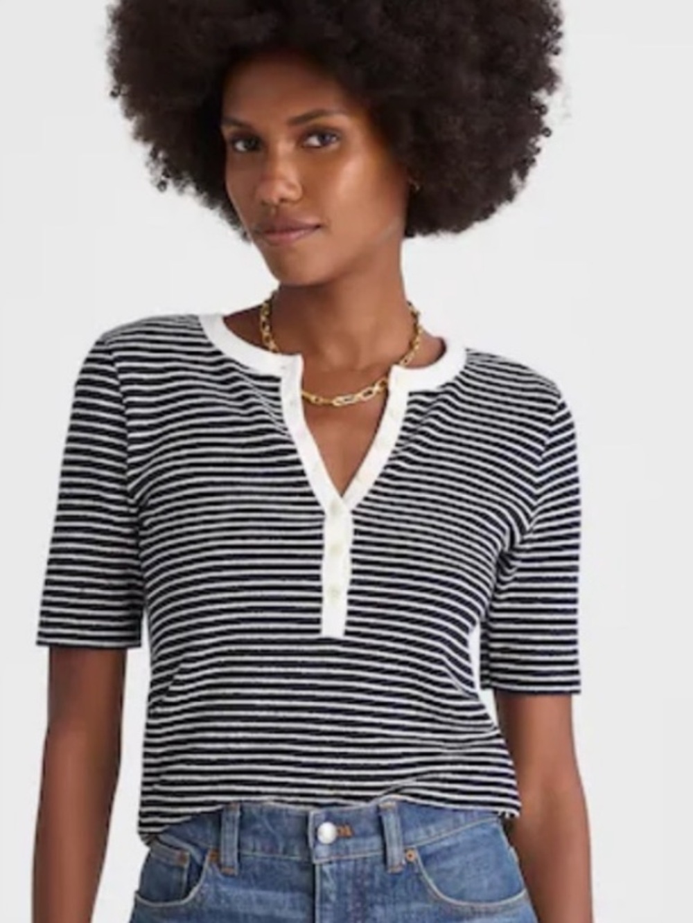 Madewell Striped Elbow-Sleeve Henley Tee Size Large NWT